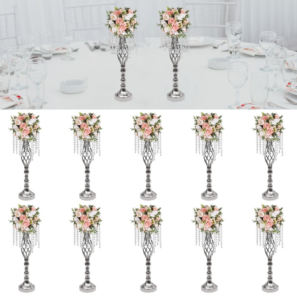 10 Pcs Silver Wedding Centerpieces Crystal Acrylic Flower Stands 21.7in Tall