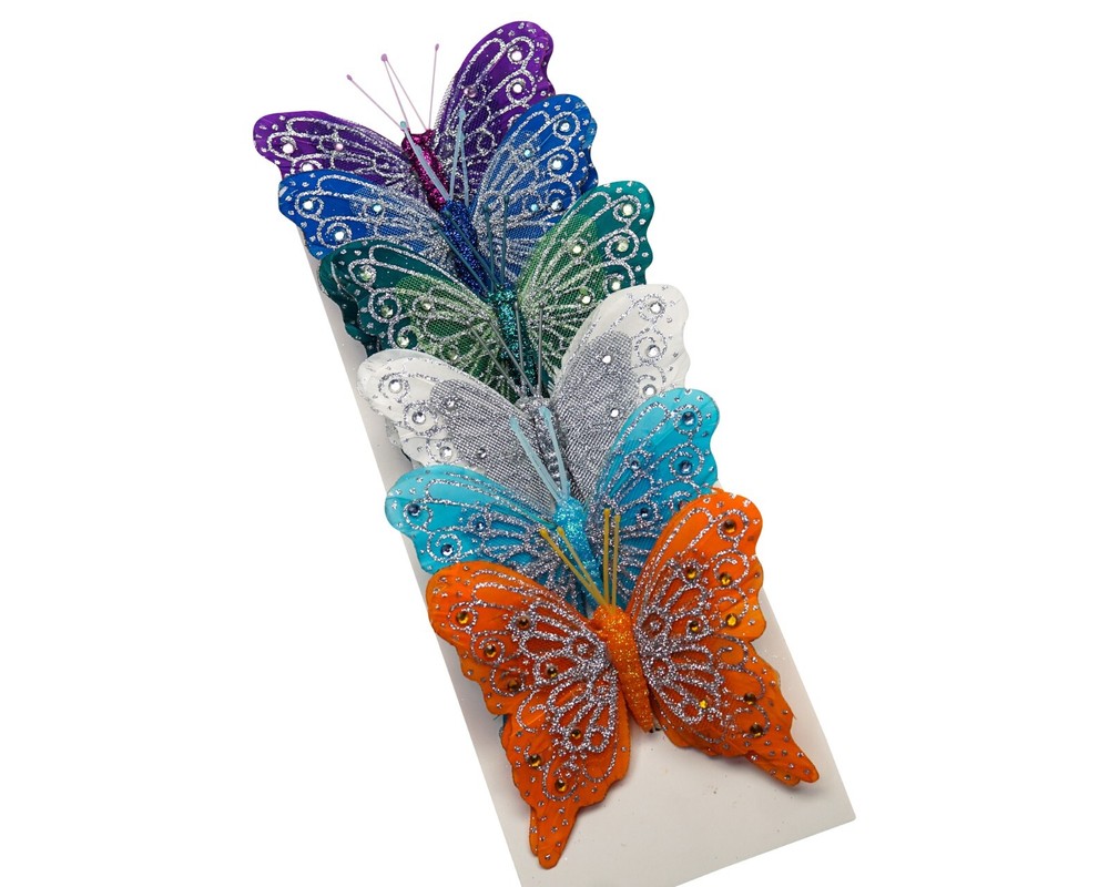 12PC 4″ Rainbow + Silver Glitter Feather Butterfly Craft DIY Wedding Cake Topper