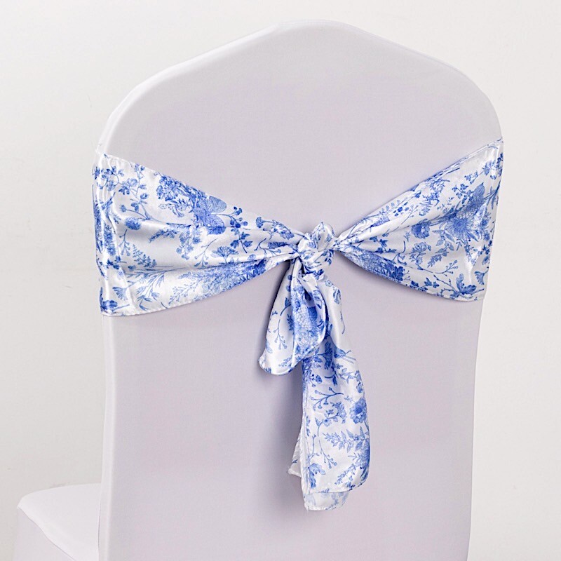5 WHITE BLUE Floral Print Satin CHAIR SASHES Party Events Reception Decorations