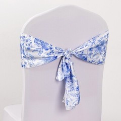 5 WHITE BLUE Floral Print Satin CHAIR SASHES Party Events Reception Decorations