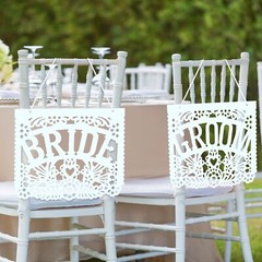 Mexican Wedding Decorations White Papel Picado Bride and Groom Chair Signs Me…