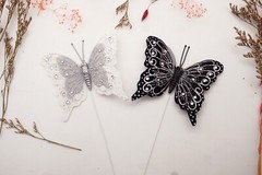 12PC 4″ Black + White Feather Butterfly w Silver Glitter DIY Wedding Cake Topper