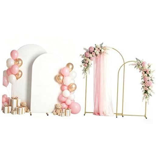 Arch Backdrop Stand and Cover Set 7.2FT/6FT, 7.2FT,6FT Gold Arches+White Covers