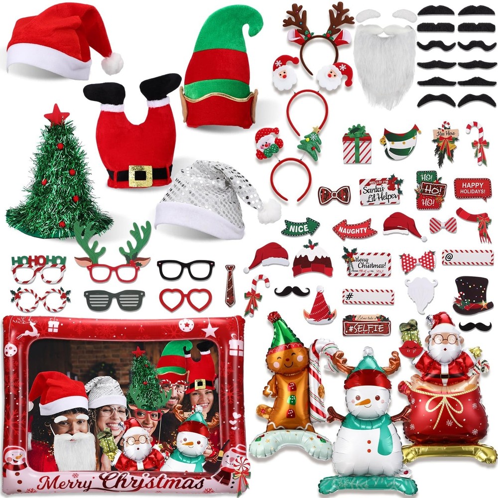 64 Pcs Photo Booth Props Set – Christmas Party Decorations, Hats, Headbands, …