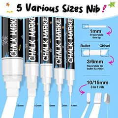 White Liquid Chalk Pens, Window Markers for Glass Washable, 6 White (5 Size)