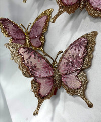 6 Pink & Gold BUTTERFLYS 7″ Clip-on Trees or Decorations Glitter & Sequins NEW