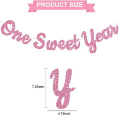 Pink Glitter Sweet 1 Year Banner(Pre-Strung), First Birthday Anniversary Party D