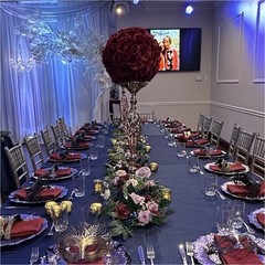 Ling’s Moment Burgundy Navy Flower Runner, fabric arch & table linen & candles