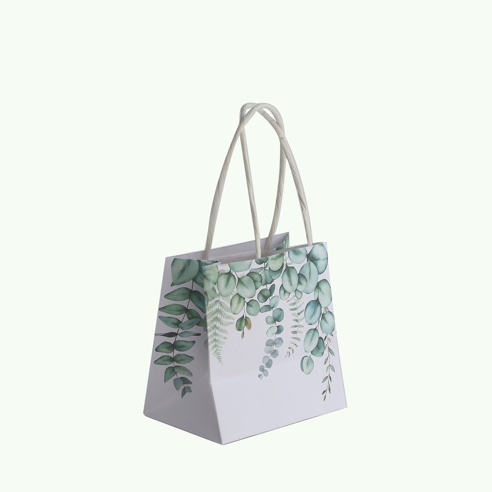 Green 12 Paper 4″ Eucalyptus Leaves Print Favor Gift Bags Handles Party Events