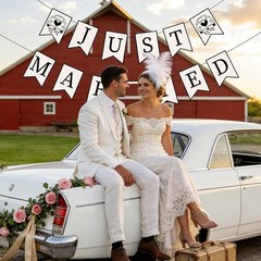 Just Married Banner Car Decoration 2Pcs Black Wedding Bunting Garland Signs
