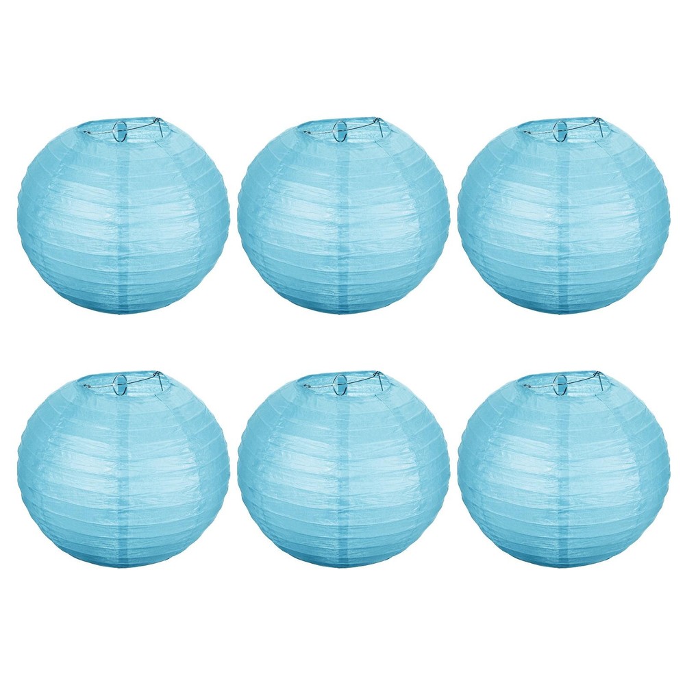 6pcs 8 Inch Folding Hanging Paper Lanterns Medium Lampshade Light Blue
