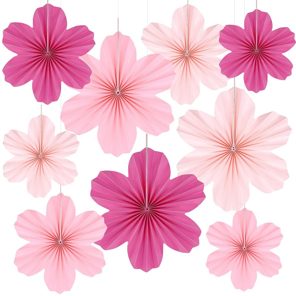 9 Pcs Pink Party Paper Flowers Decorations Hot Pink Paper Fans Hanging Orname…