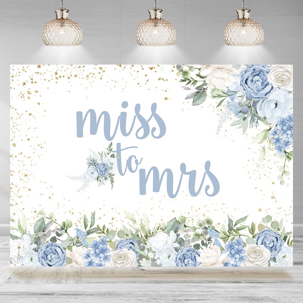 Rsuuinu Miss to Mrs Backdrop Blue Floral Gold Dots Bridal Shower 7x5ft,