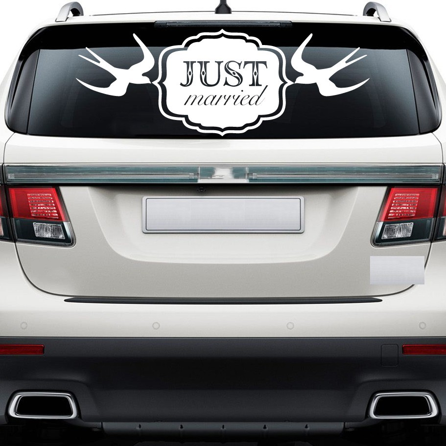 Just Married with Doves Wedding Wall Decor Vinyl Sticker Decal 8″h x 22″w