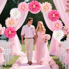 Daisy Tissue Paper Pom Poms, Wildflower Party Decorations, 14 inches, pink