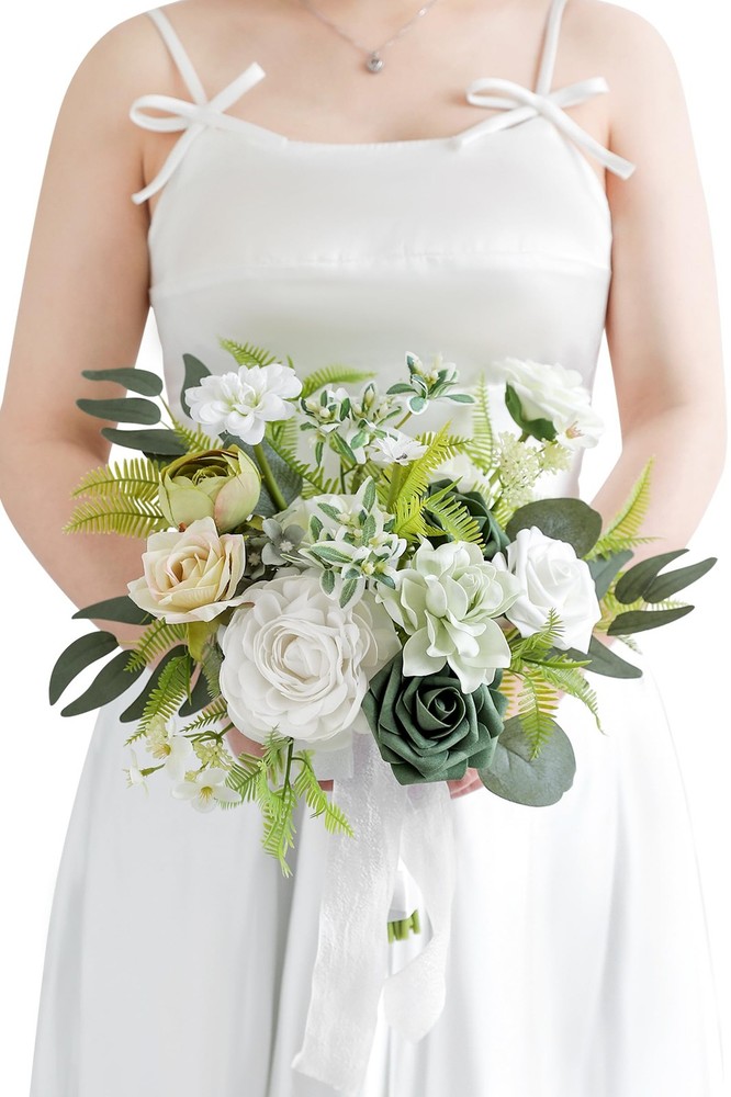 Koroni Flowers Artificial Bridal Bouquet 11 Inch White Green Wedding Ceremony