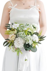 Koroni Flowers Artificial Bridal Bouquet 11 Inch White Green Wedding Ceremony