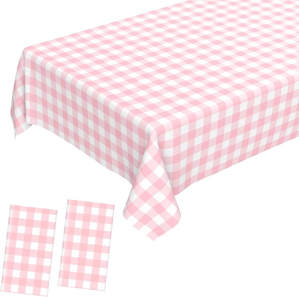 2 Pcs Pink Gingham Tablecloth, Disposable Plastic Pink Checkered Table Cloth,