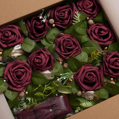 Burgundy Pew Flowers Set of 10 with Eucalyptus for Wedding Aisle Decor