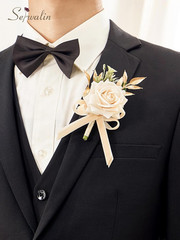 6 Pcs Champagne Boutonniere for Men Wedding, Groom and Best Man Boutonniere with