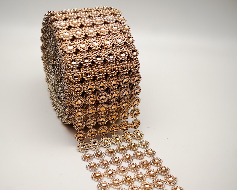 10YD Champagne Diamond Bling Mesh Rhinestone Ribbon Wrap Wedding Decoration 4″