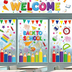 9 Sheet Back to School Window Clings Colorful Pencil Crayon Ruler Window Decals