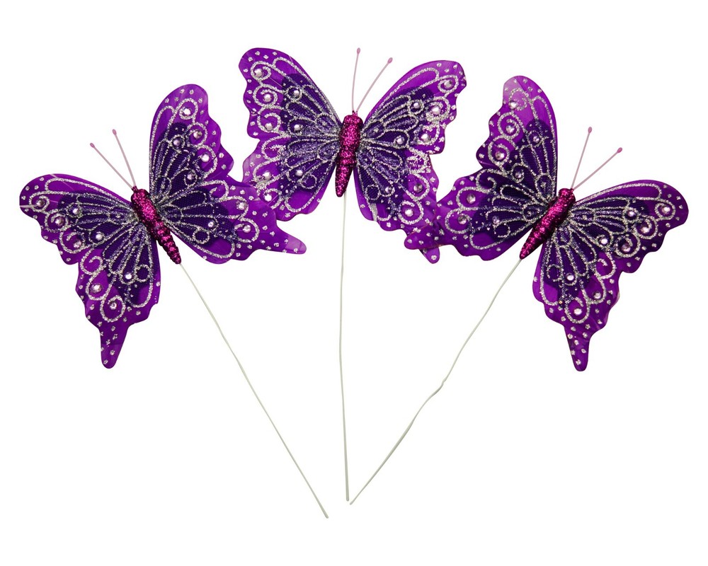 12PC 4″ Purple + Silver Glitter Feather Butterfly Craft DIY Wedding Cake Topper