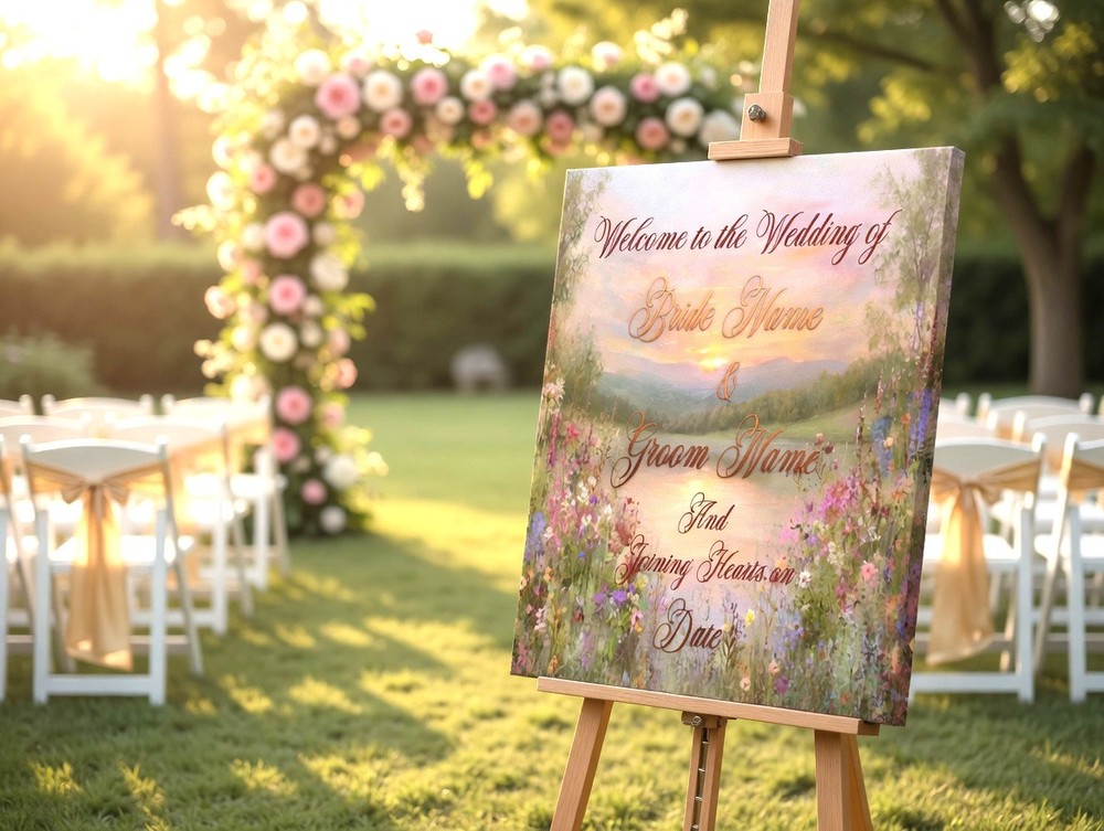 Custom Wedding Welcome Sign on Canvas | Romantic Floral Sunset Wildflowers