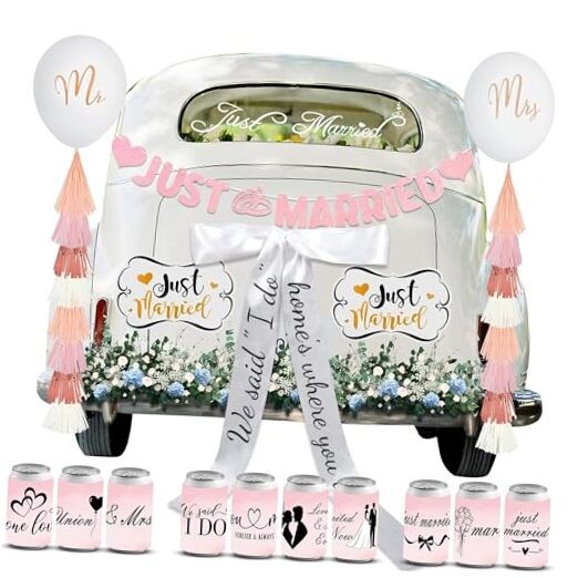 20 Pcs Pink Just Married Car Decorations Include 10 Can Stickers Satin Ribbon
