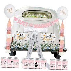 20 Pcs Pink Just Married Car Decorations Include 10 Can Stickers Satin Ribbon
