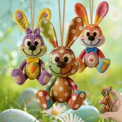 Multicolored Wooden Bunny Pendant for Easter Celebration and Party Decor