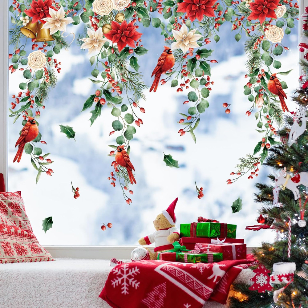 9 Sheets Christmas Floral Window Cling Stickers Hanging Poinsettia Flowers Eucal