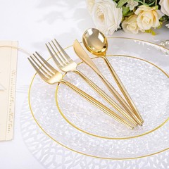 Rubtlamp 150Pcs Plastic Plates, Heavy Duty Clear Plates With Gold Rim, Hammer…