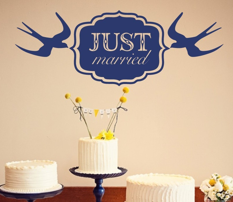 Just Married with Doves Wedding Wall Decor Vinyl Sticker Decal 13.5″h x 36″w