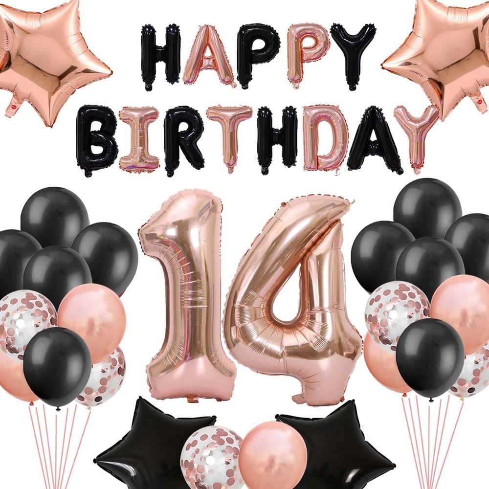 14th Birthday Decorations – Black Rose Gold Number 14 Star Foil Balloons, Lat…