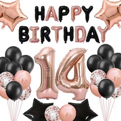14th Birthday Decorations – Black Rose Gold Number 14 Star Foil Balloons, Lat…