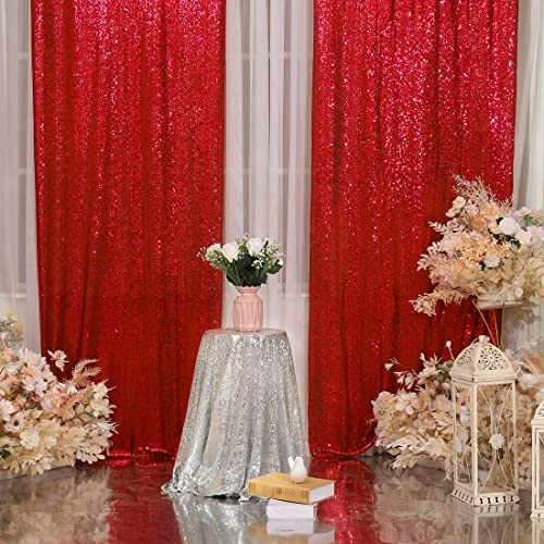 Sequin Backdrop Curtains,2ft x 8ft Sequin Photography Backdrop 2×8 ft x2Pcs Red