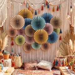 9 Pack Boho Paper Fan Decorations, Neutral Hanging Fans for Classroom Decor, …