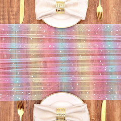Rainbow Glitter Moon and Stars Tulle Table Runner 10FT Silver Sequin Metallic Fo