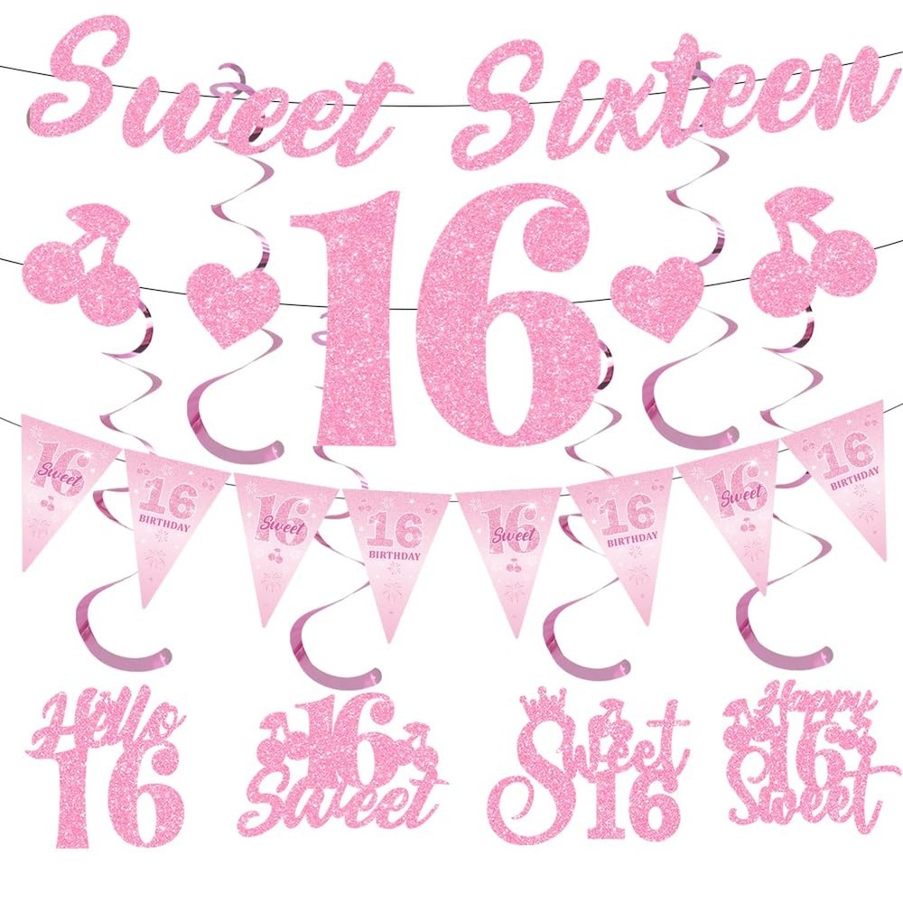 Glitter Pink16th Birthday Banner – Pre-Strung Cherry Sweet Heart Birthday Dec…