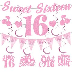 Glitter Pink16th Birthday Banner – Pre-Strung Cherry Sweet Heart Birthday Dec…