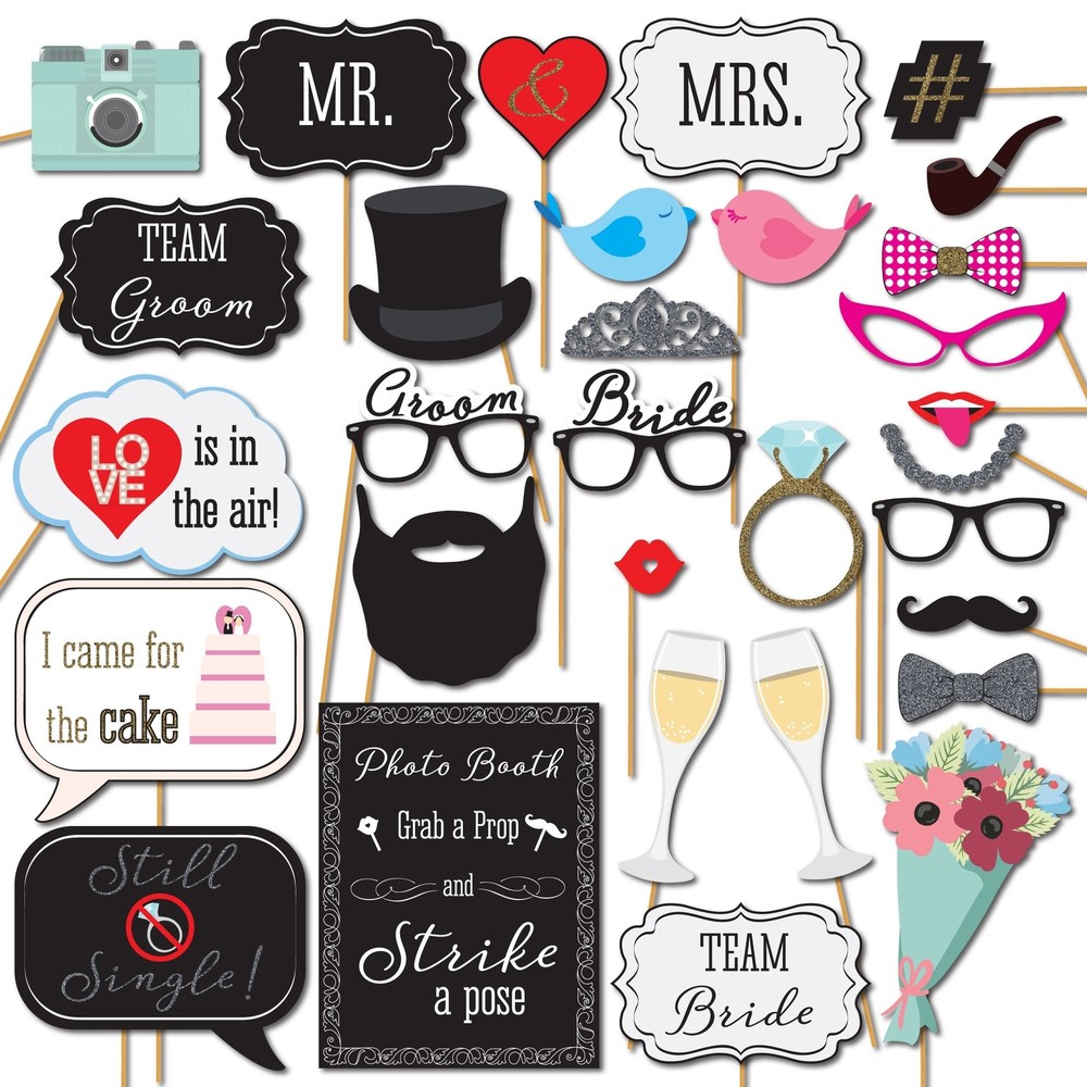 Wedding Photo Booth Props – 41-pc Wedding Props with 8 x 10-Inch Sign, 45 Glu…