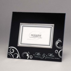 MR & MRS LOVE; BLACK MIRRORED GLASS PHOTO FRAME Ornate SILVER SCRIPT Graphic ART
