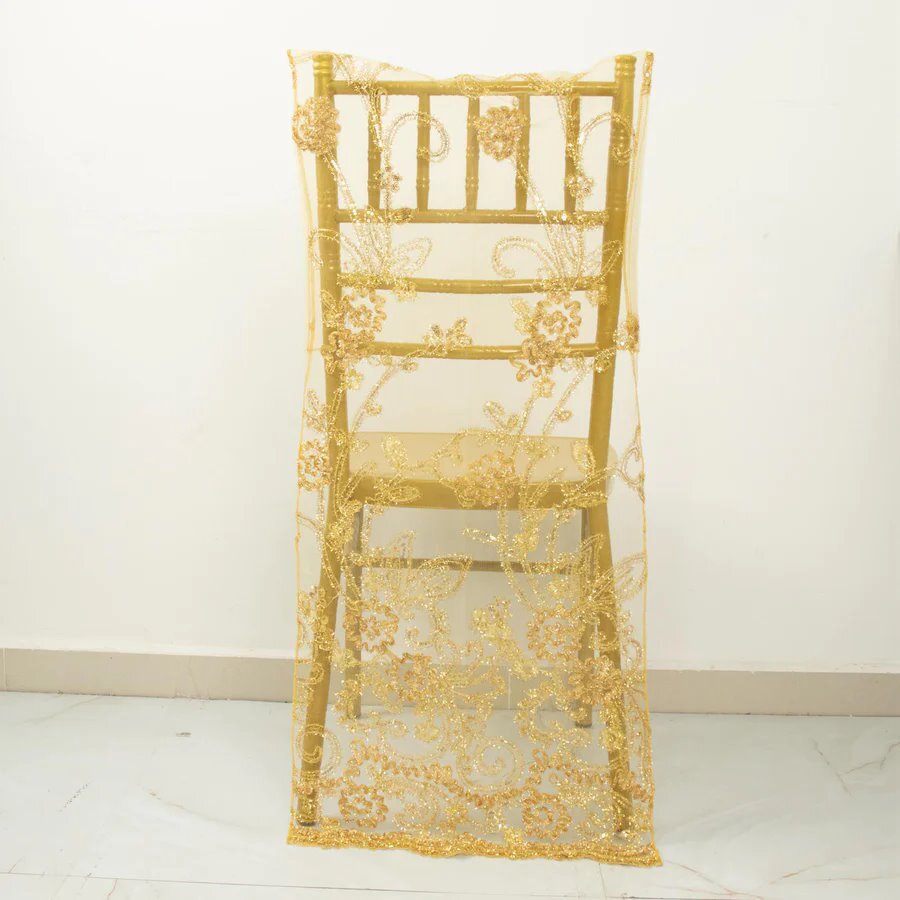GOLD Organza Embroidered Floral Sequin Chiavari Chair Back SLIPCOVER Party Event