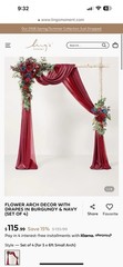 Ling’s Moment Burgundy Navy Flower Runner, fabric arch & table linen & candles