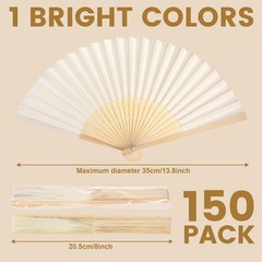 Qunclay 150 Pcs White Paper Hand Fans Bulk Bamboo Folding Handheld Wedding Fa…
