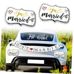 Just Married Car Decorations Set – Includes 4 Ornate Magnetic Signs (12×7.5
