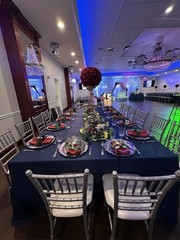 Ling’s Moment Burgundy Navy Flower Runner, fabric arch & table linen & candles