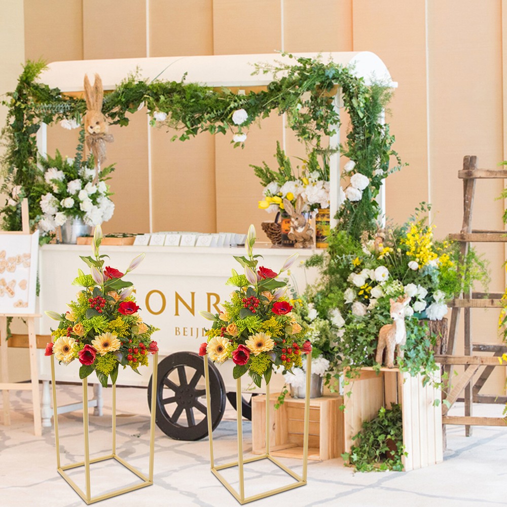 2xSquare Gold Column Stand Wedding Party Venue Decorative Rack Metal Holder