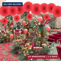 Red Party Hanging Fans DIY Set – 12pcs Pinwheels & Flowers for Weddings, Bir